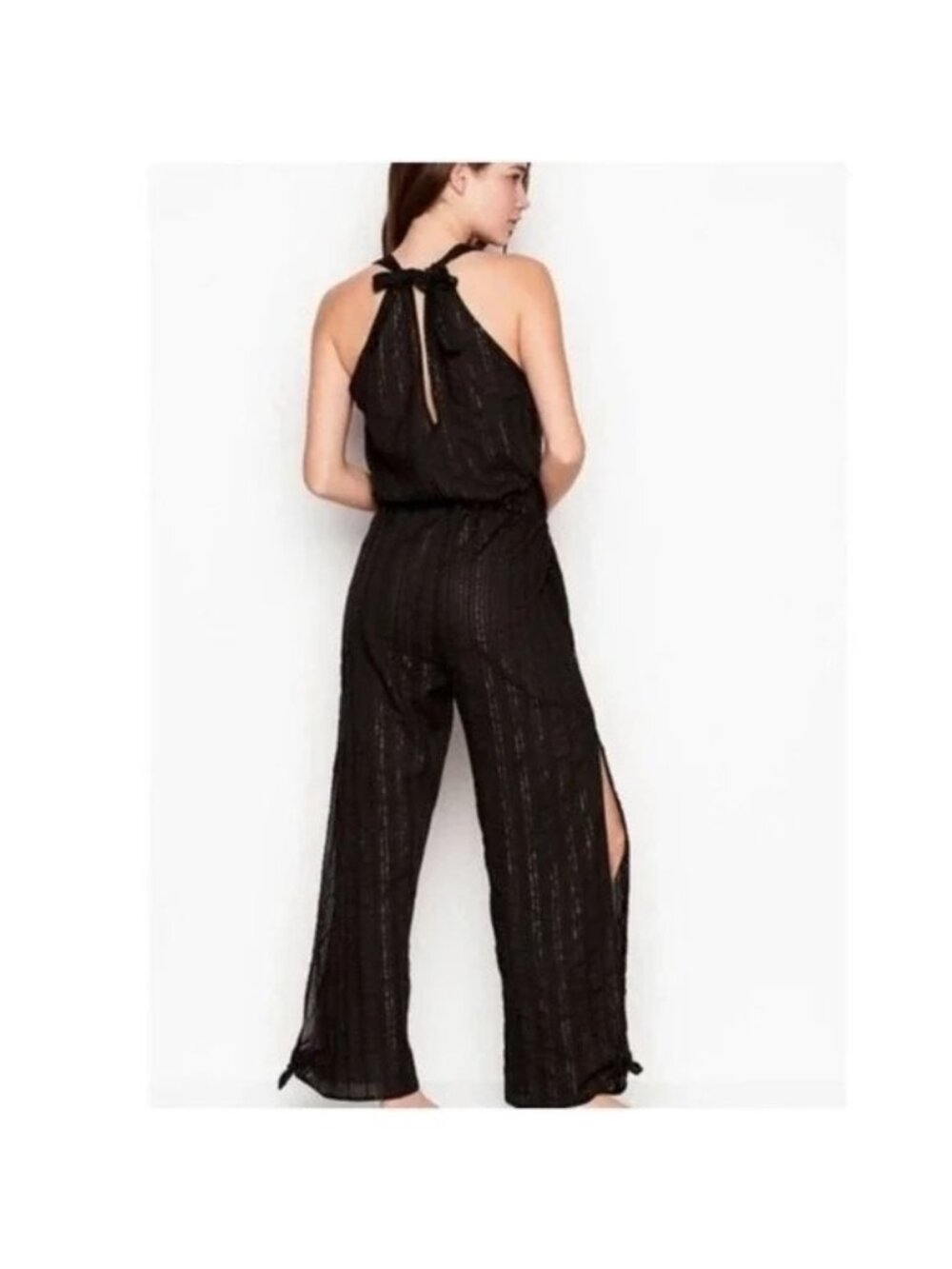 La Blanca Black Metallic Gold Pinstripe Coverup Jumpsuit - Picture 3 of 9